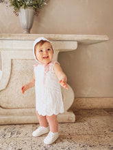 Load image into Gallery viewer, "Myla" Broderie Anglaise white and pink dress & bonnet set.