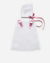 Load image into Gallery viewer, "Myla" Broderie Anglaise white and pink dress & bonnet set.