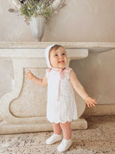 Load image into Gallery viewer, &quot;Myla&quot; Broderie Anglaise white and pink dress &amp; bonnet set.
